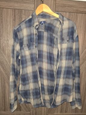 Hollister Blue and Cream Plaid Long Sleeve Button-Down Shirt